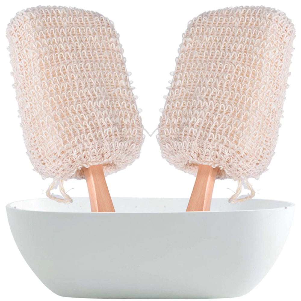 2Pcs Long Handle Bamboo Bath Brush Cotton Linen Exfoliating Body Scrubber
