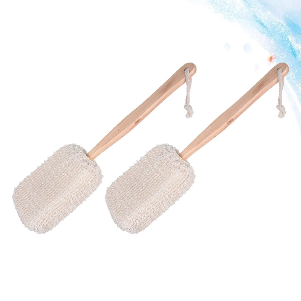 2Pcs Long Handle Bamboo Bath Brush Cotton Linen Exfoliating Body Scrubber