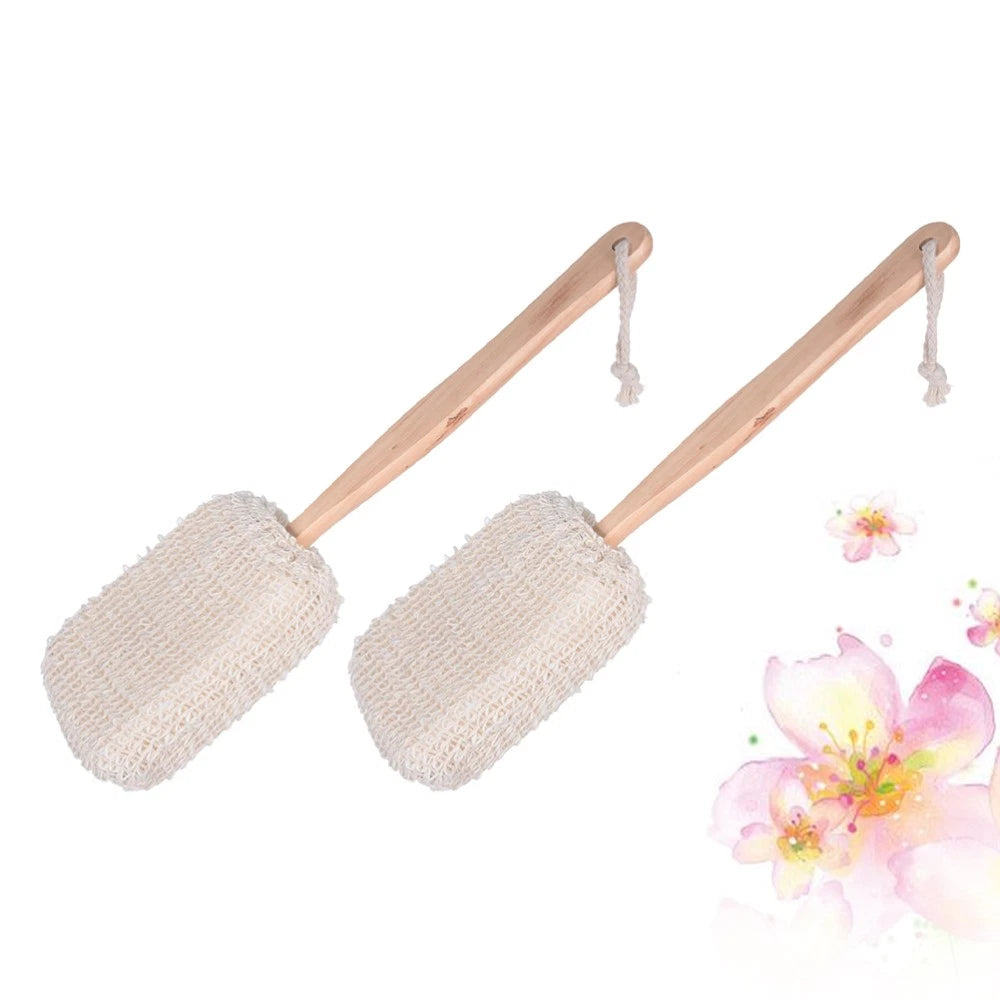 2Pcs Long Handle Bamboo Bath Brush Cotton Linen Exfoliating Body Scrubber