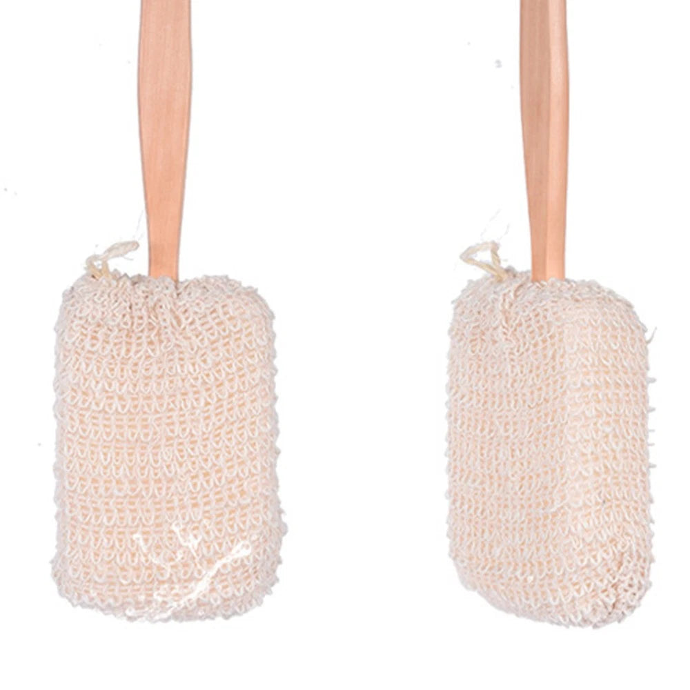 2Pcs Long Handle Bamboo Bath Brush Cotton Linen Exfoliating Body Scrubber