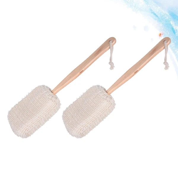 2Pcs Long Handle Bamboo Bath Brush Cotton Linen Exfoliating Body Scrubber