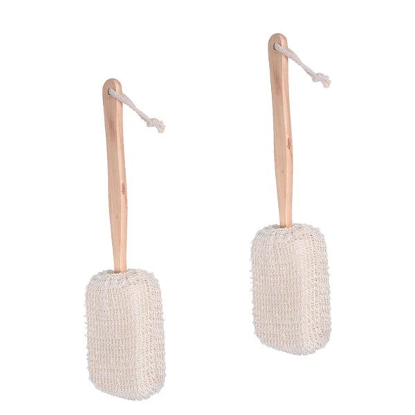 2Pcs Long Handle Bamboo Bath Brush Cotton Linen Exfoliating Body Scrubber