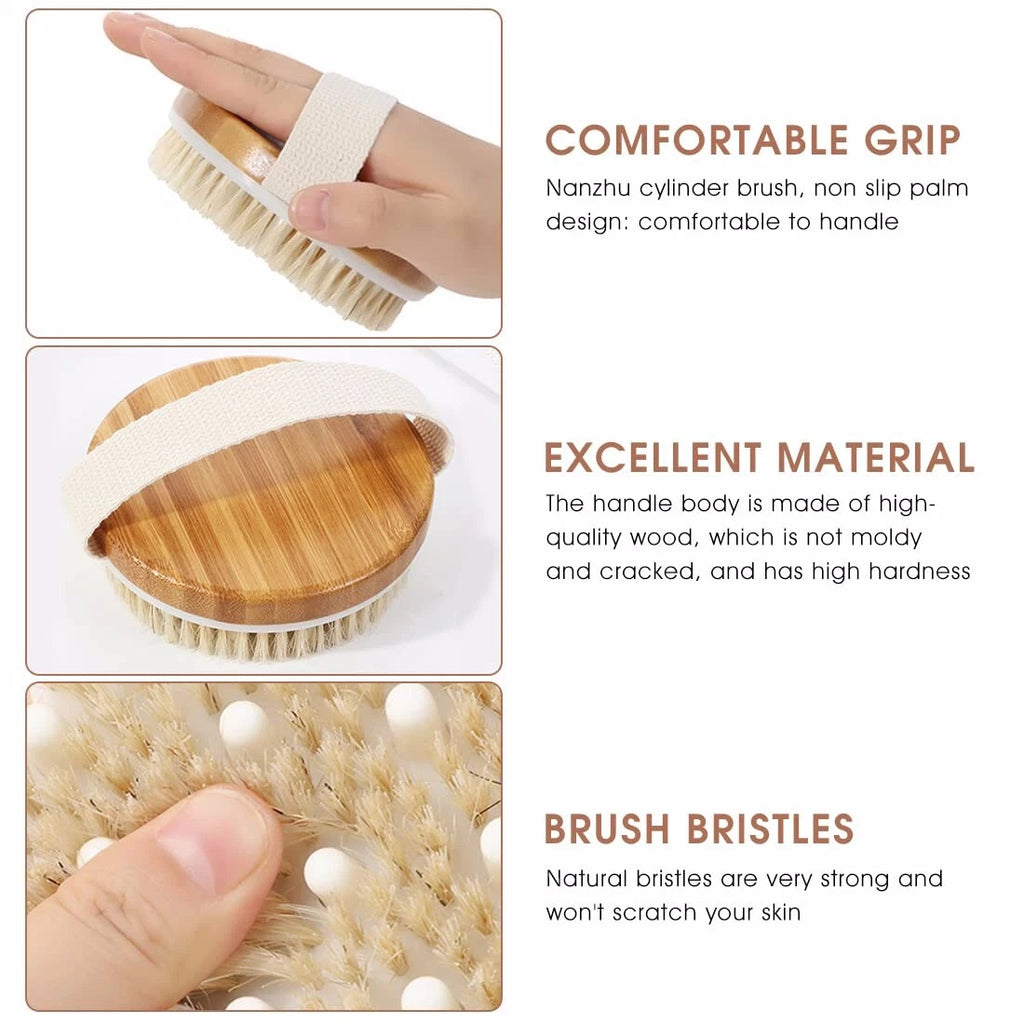 Wooden Bath Brush With Bristles & Massage Nodules, Reduces Cellulite and Fatigue