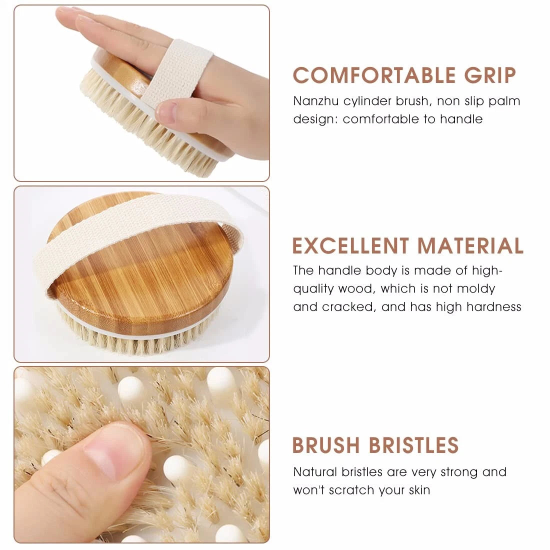 Wooden Bath Brush With Bristles & Massage Nodules, Reduces Cellulite and Fatigue