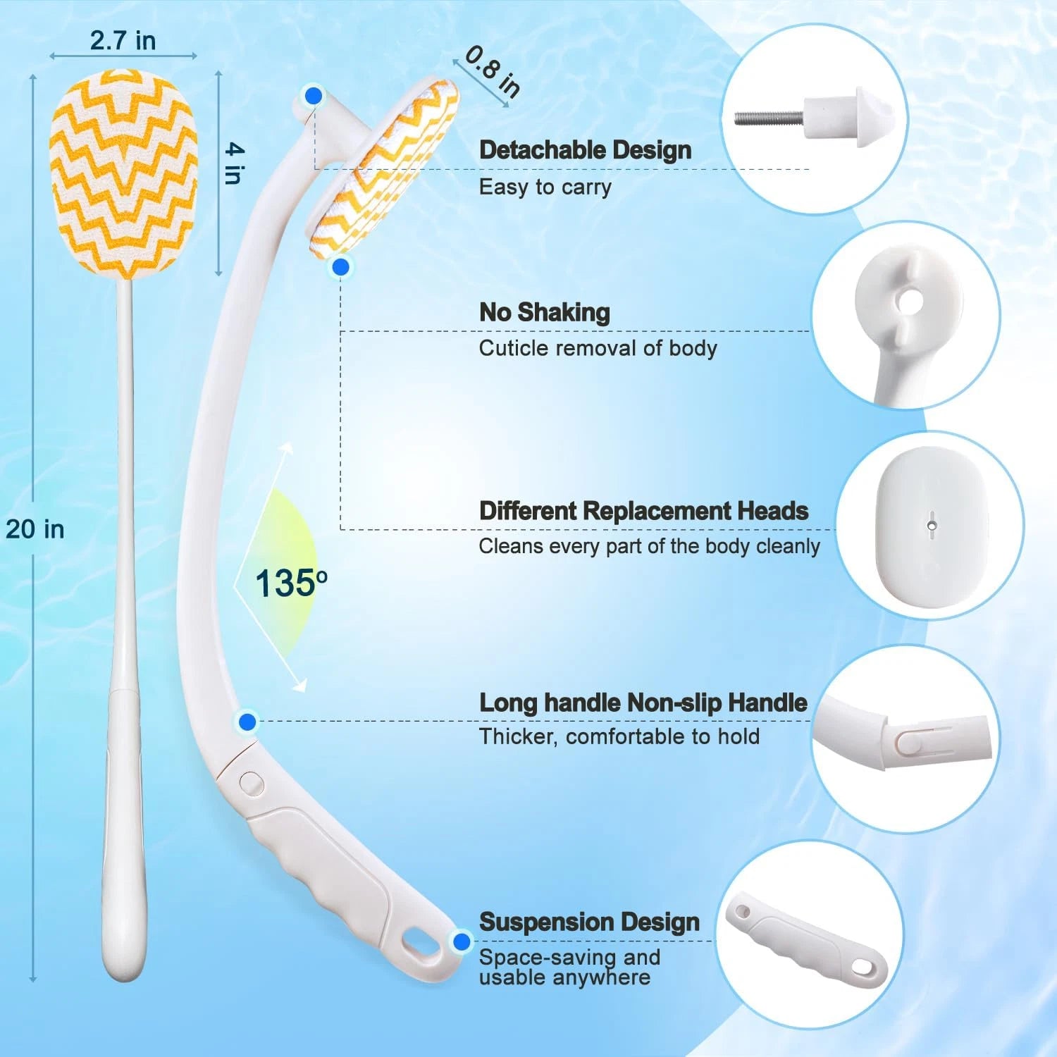 Celestite 20” Long Handle Shower Brush for Body, Back Scrubber for Shower