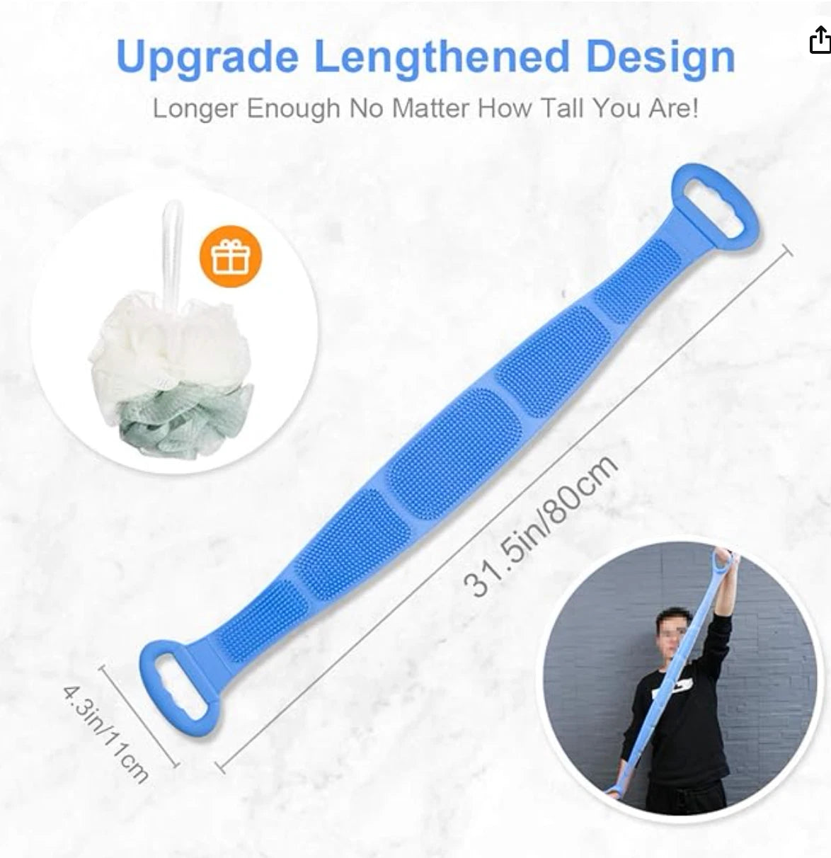 Silicone Bath Body Scrubber Brush 31.5 Inch Long Silicone Back Shower Scrubber B