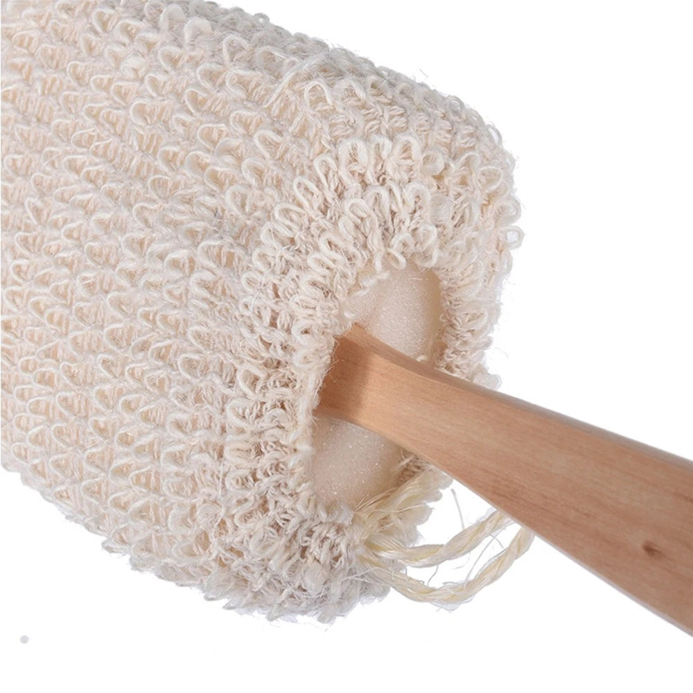 2Pcs Long Handle Bamboo Bath Brush Cotton Linen Exfoliating Body Scrubber