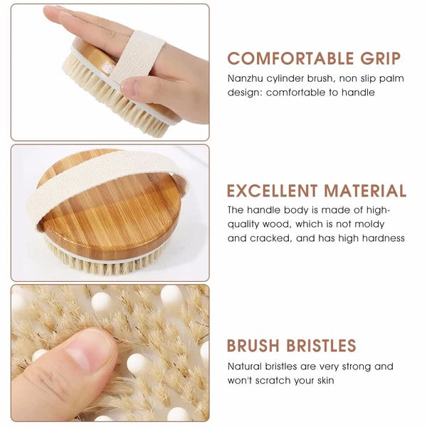 Wooden Bath Brush With Bristles & Massage Nodules, Reduces Cellulite and Fatigue