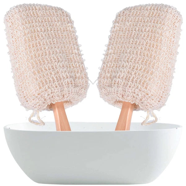 2Pcs Long Handle Bamboo Bath Brush Cotton Linen Exfoliating Body Scrubber